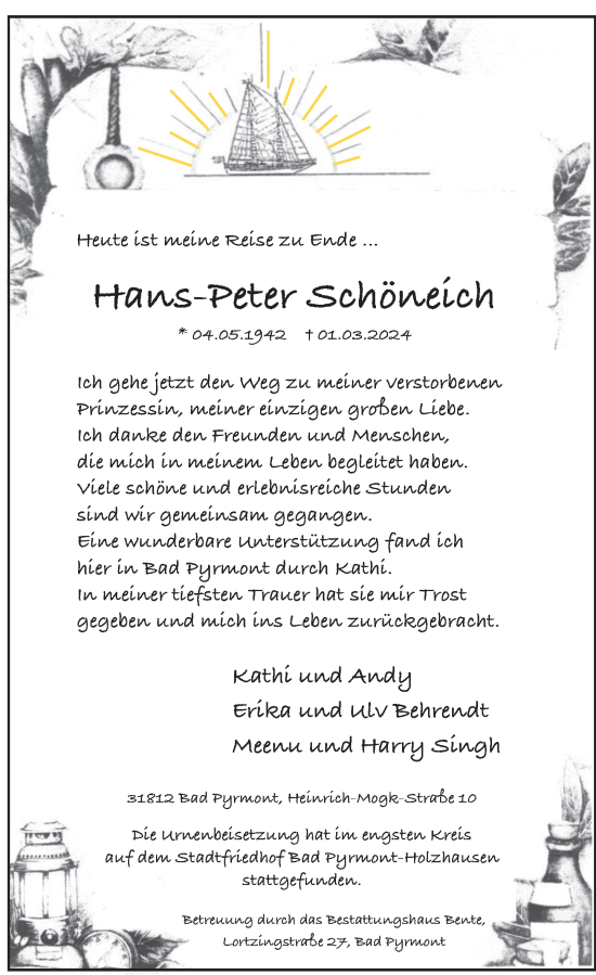 Traueranzeige von Hans-Peter Schöneich von Deister- und Weserzeitung