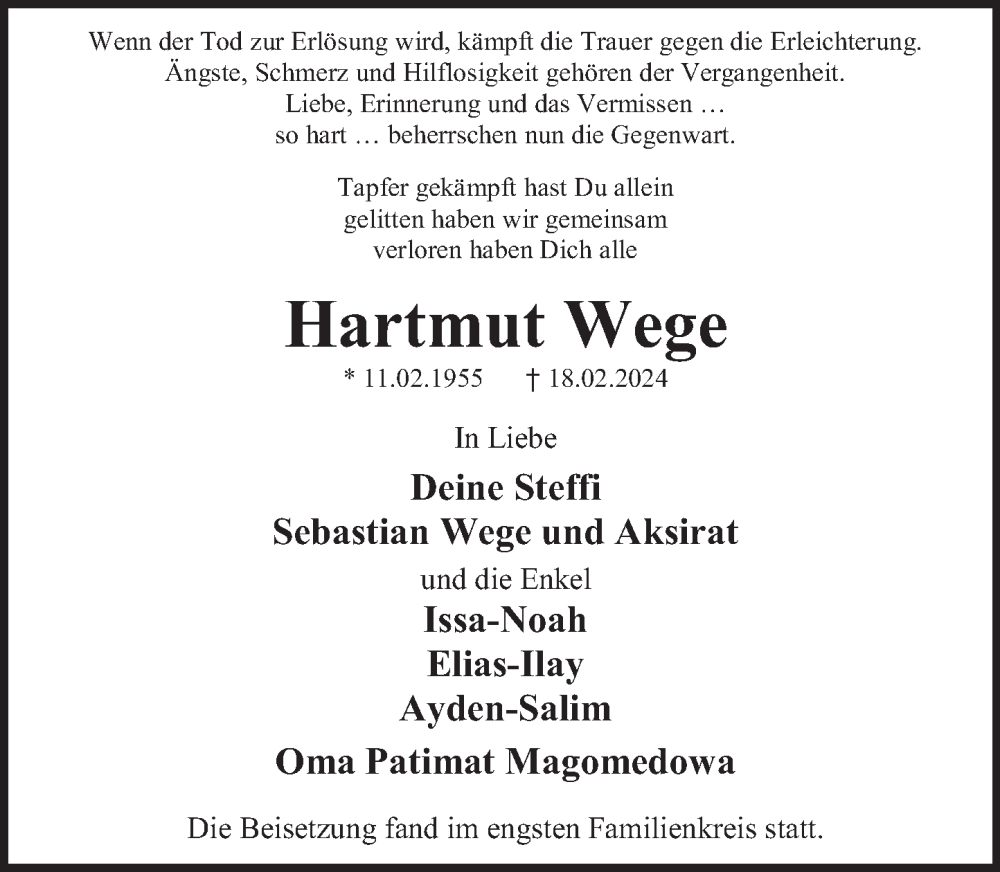  Traueranzeige für Hartmut Wege vom 11.03.2024 aus Deister- und Weserzeitung