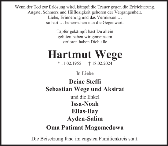 Traueranzeige von Hartmut Wege von Deister- und Weserzeitung