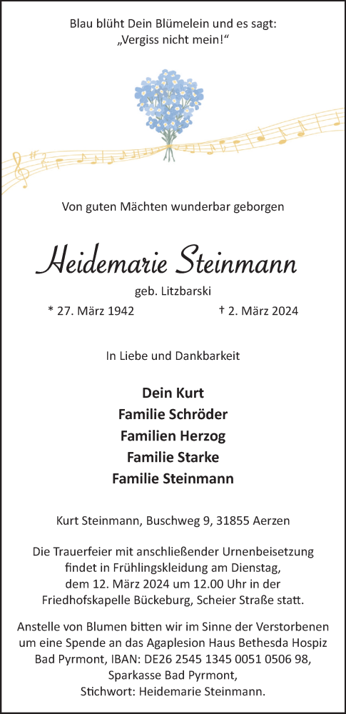 Traueranzeige von Heidemarie Steinmann von Deister- und Weserzeitung