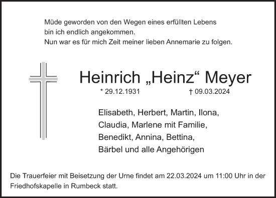 Traueranzeige von Heinrich Meyer von Deister- und Weserzeitung