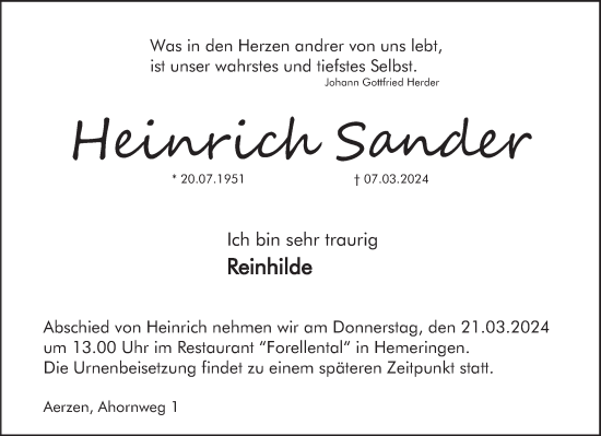 Traueranzeige von Heinrich Sander von Deister- und Weserzeitung