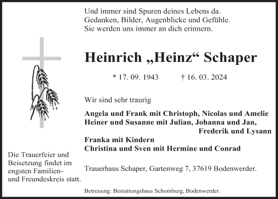 Traueranzeige von Heinrich  Schaper von Deister- und Weserzeitung