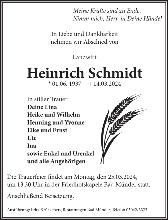 Traueranzeige von Heinrich Schmidt von Neue Deister-Zeitung