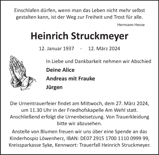 Traueranzeige von Heinrich Struckmeyer von Deister- und Weserzeitung