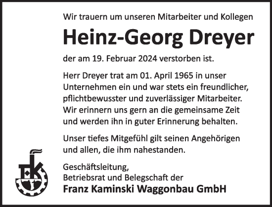 Traueranzeige von Heinz-Georg Dreyer von Deister- und Weserzeitung