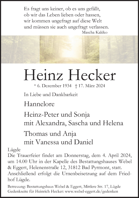 Traueranzeige von Heinz Hecker von Deister- und Weserzeitung