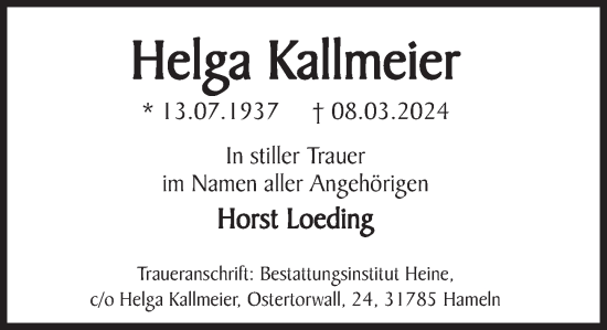Traueranzeige von Helga Kallmeier von Deister- und Weserzeitung