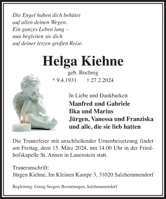 Traueranzeige von Helga Kiehne von Deister- und Weserzeitung