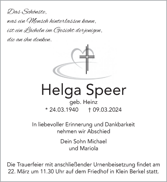 Traueranzeige von Helga Speer von Deister- und Weserzeitung