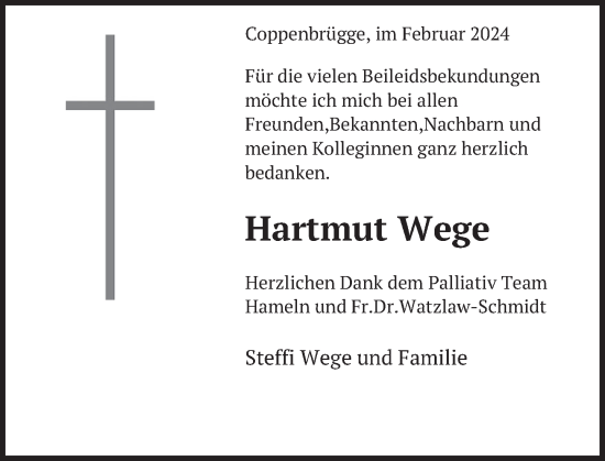 Traueranzeige von Helmut Wege von Deister- und Weserzeitung