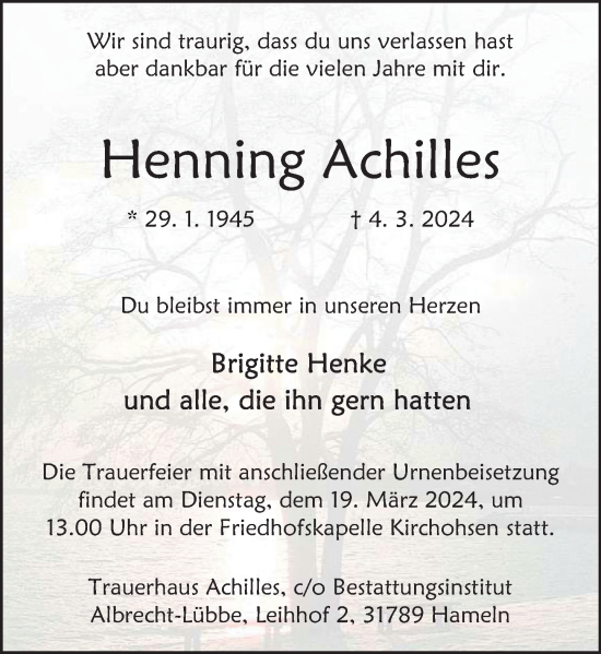 Traueranzeige von Henning Achilles von Deister- und Weserzeitung