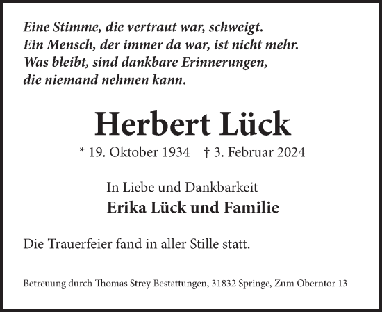 Traueranzeige von Herbert Lück von Neue Deister-Zeitung