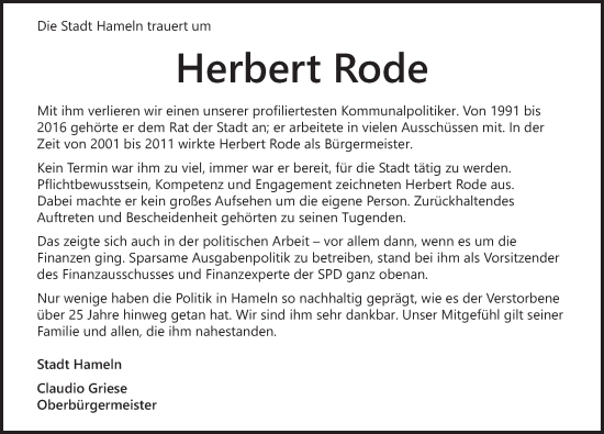 Traueranzeige von Herbert Rode von Deister- und Weserzeitung