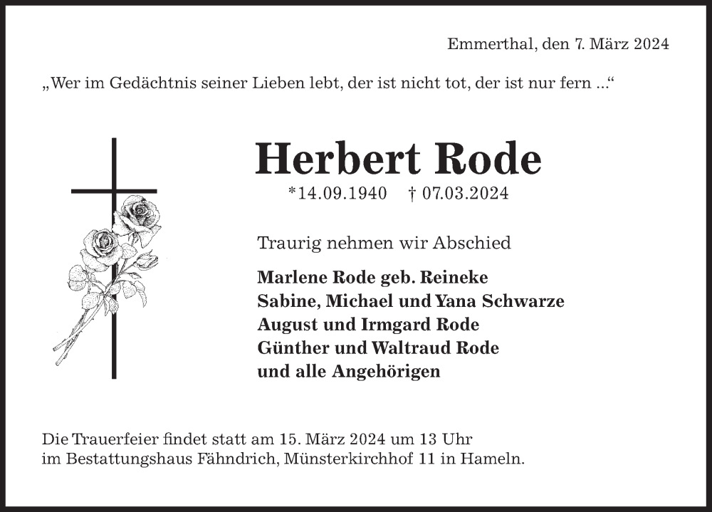  Traueranzeige für Herbert Rode vom 12.03.2024 aus Deister- und Weserzeitung