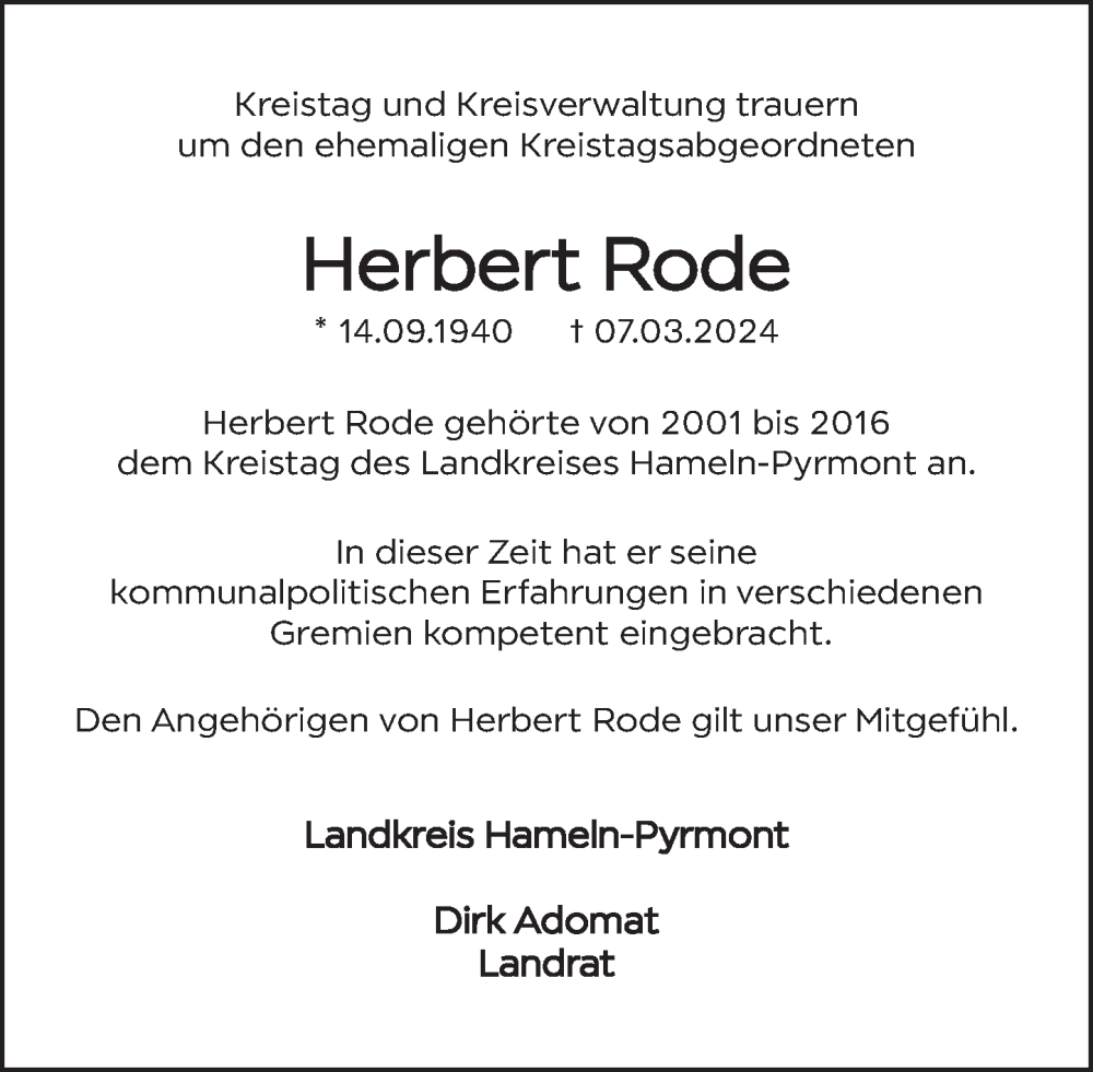  Traueranzeige für Herbert Rode vom 13.03.2024 aus Deister- und Weserzeitung