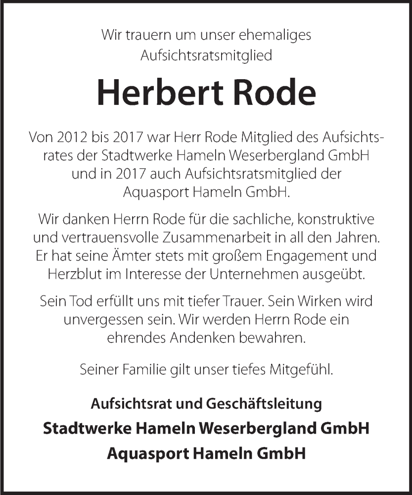  Traueranzeige für Herbert Rode vom 14.03.2024 aus Deister- und Weserzeitung