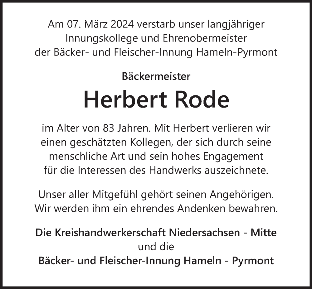  Traueranzeige für Herbert Rode vom 16.03.2024 aus Deister- und Weserzeitung