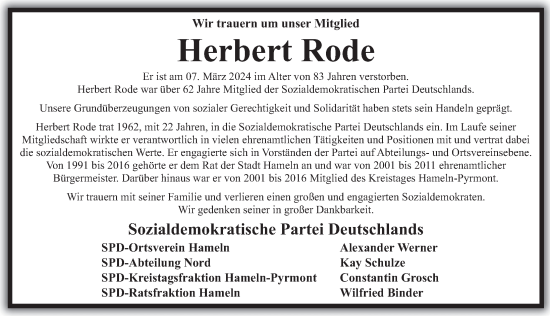 Traueranzeige von Herbert Rode von Deister- und Weserzeitung