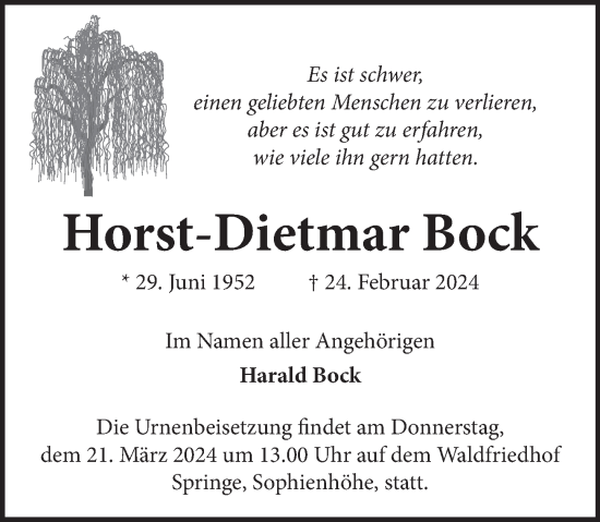 Traueranzeige von Horst-Dietmar Bock von Neue Deister-Zeitung