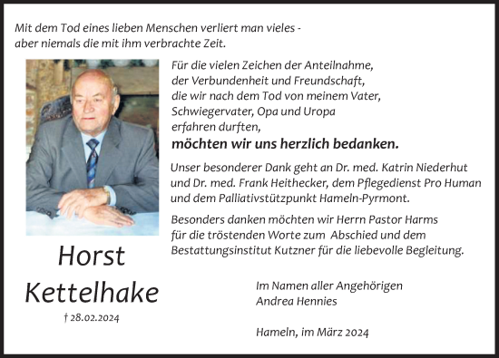 Traueranzeige von Horst Kettelhake von Deister- und Weserzeitung