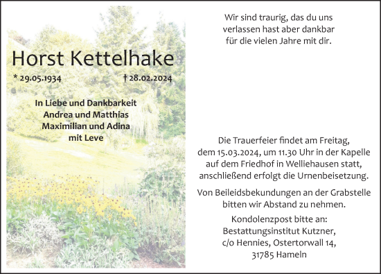 Traueranzeige von Horst Kettelhake von Deister- und Weserzeitung