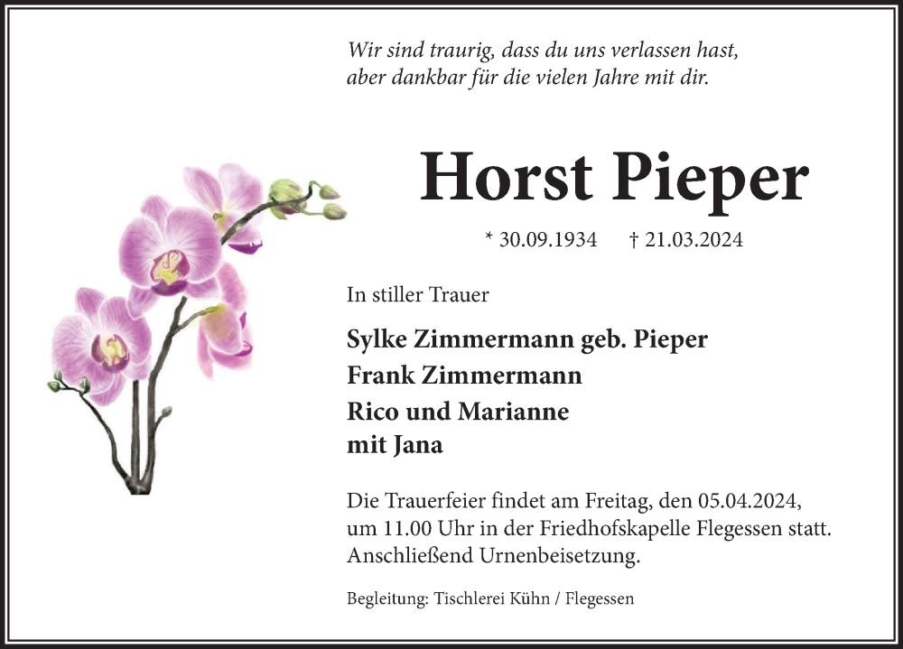  Traueranzeige für Horst Pieper vom 27.03.2024 aus Deister- und Weserzeitung