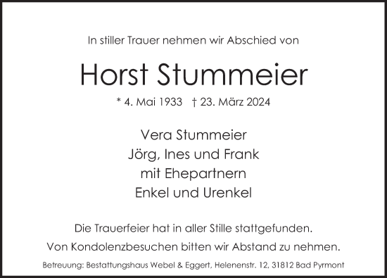 Traueranzeige von Horst Stummeier von Deister- und Weserzeitung