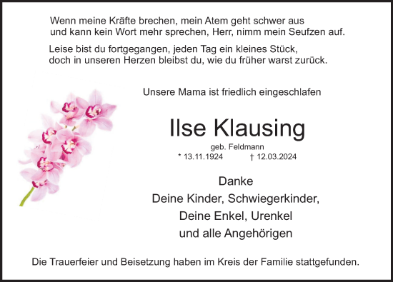 Traueranzeige von Ilse Klausing von Deister- und Weserzeitung