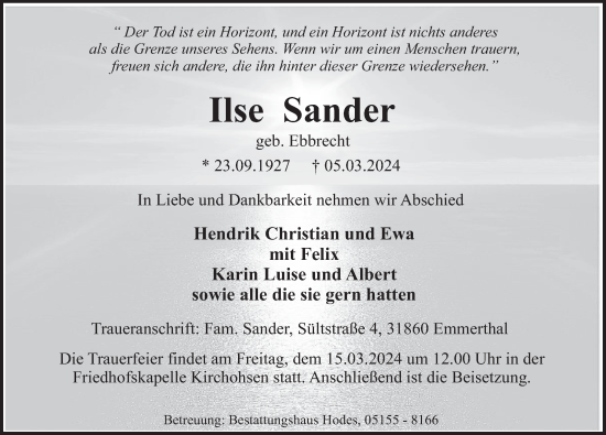 Traueranzeige von Ilse Sander von Deister- und Weserzeitung