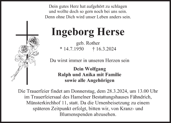 Traueranzeige von Ingeborg Herse von Deister- und Weserzeitung
