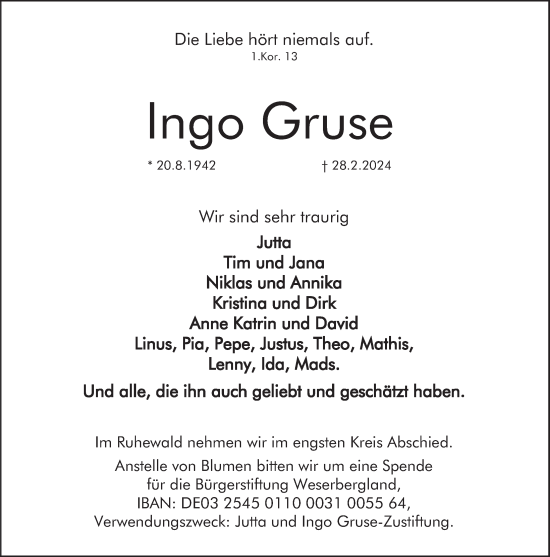 Traueranzeige von Ingo Gruse von Deister- und Weserzeitung