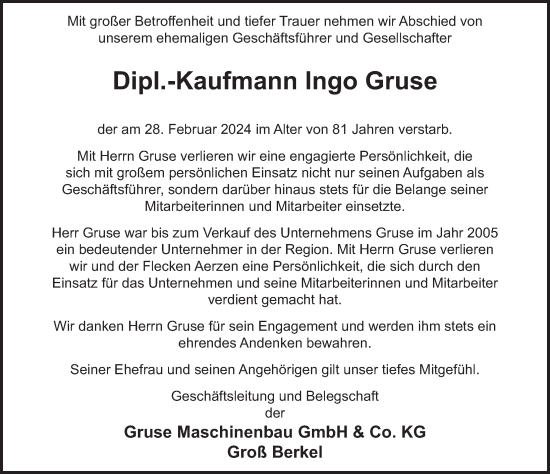 Traueranzeige von Ingo Gruse von Deister- und Weserzeitung