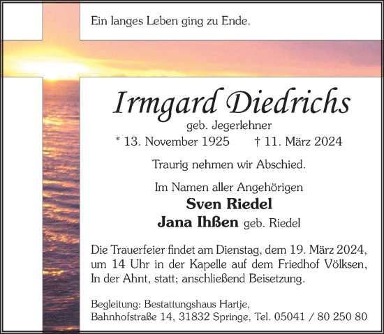 Traueranzeige von Irmgard Diedrichs von Neue Deister-Zeitung