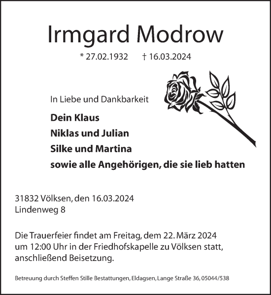 Traueranzeige von Irmgard Modrow von Neue Deister-Zeitung