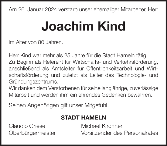 Traueranzeige von Joachim Kind von Deister- und Weserzeitung