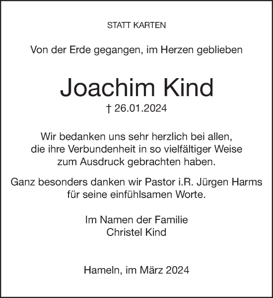 Traueranzeige von Joachim Kind von Deister- und Weserzeitung