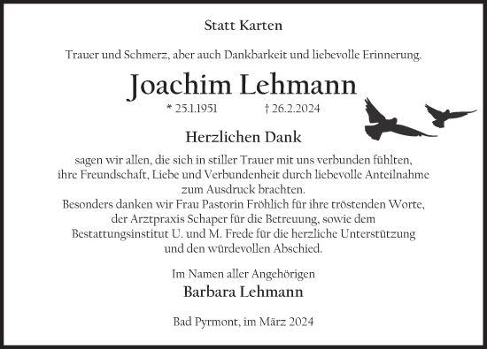 Traueranzeige von Joachim Lehmann von Deister- und Weserzeitung