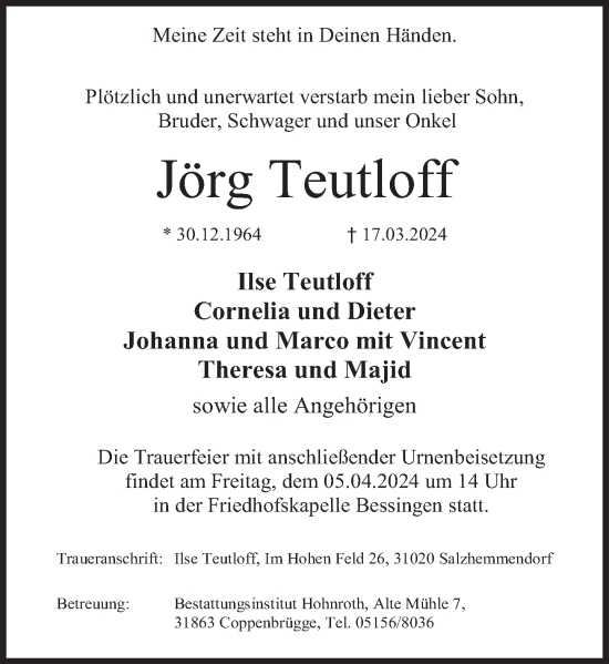Traueranzeige von Jörg Teutloff von Deister- und Weserzeitung