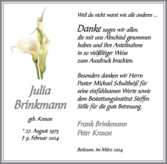 Traueranzeige von Julia Brinkmann von Neue Deister-Zeitung