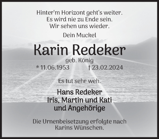 Traueranzeige von Karin Redeker von Deister- und Weserzeitung