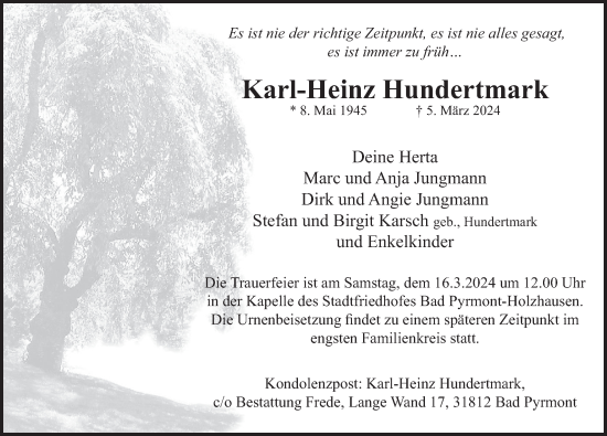 Traueranzeige von Karl-Heinz Hundertmark von Deister- und Weserzeitung