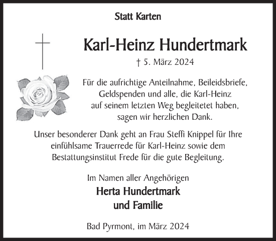 Traueranzeige von Karl-Heinz Hundertmark von Deister- und Weserzeitung
