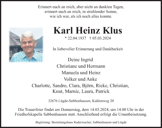 Traueranzeige von Karl Heinz Klus von Deister- und Weserzeitung
