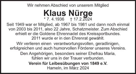 Traueranzeige von Klaus Nürge von Deister- und Weserzeitung