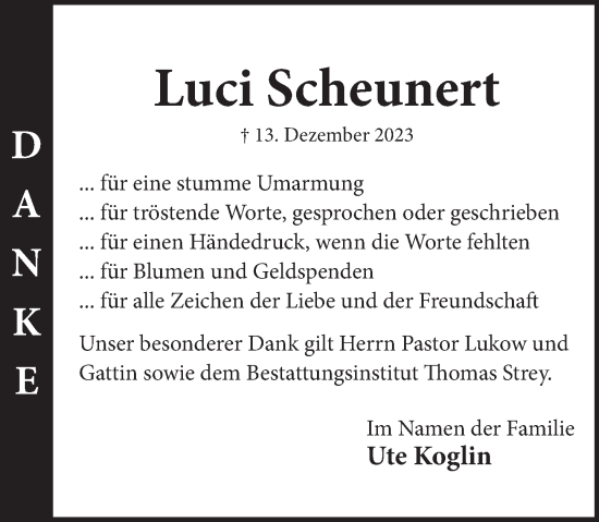 Traueranzeige von Lucie Scheunert von Neue Deister-Zeitung