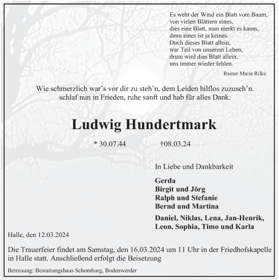 Traueranzeige von Ludwig Hundertmark von Deister- und Weserzeitung