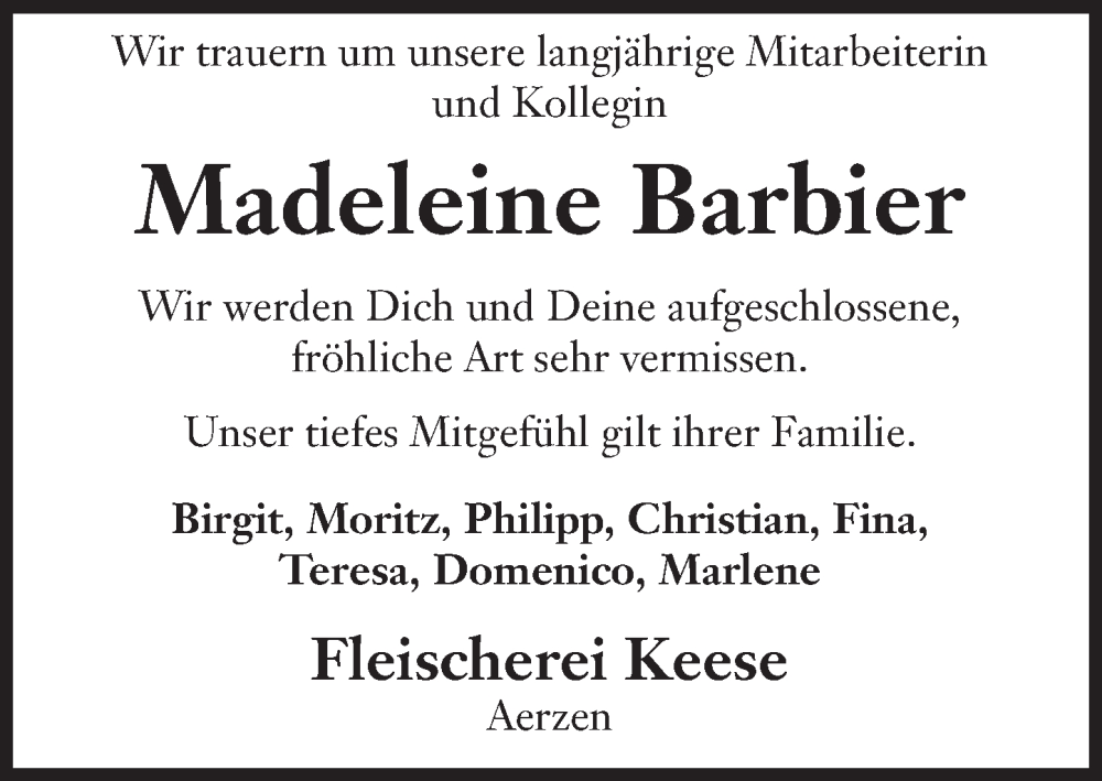  Traueranzeige für Madeleine Barbier vom 30.03.2024 aus Deister- und Weserzeitung