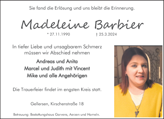 Traueranzeige von Madeleine Barbier von Deister- und Weserzeitung
