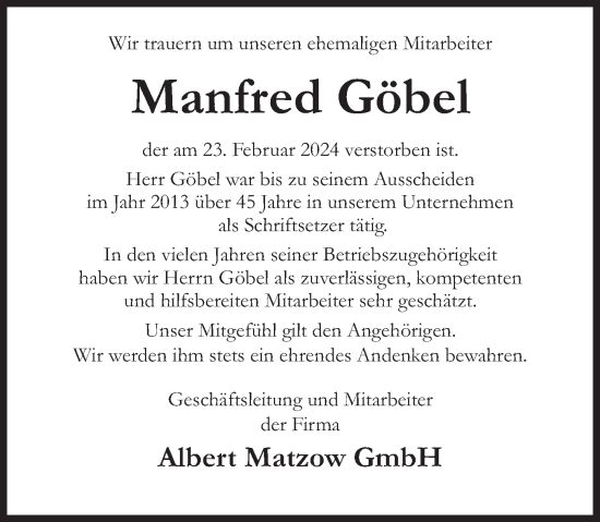 Traueranzeige von Manfred Göbel von Neue Deister-Zeitung